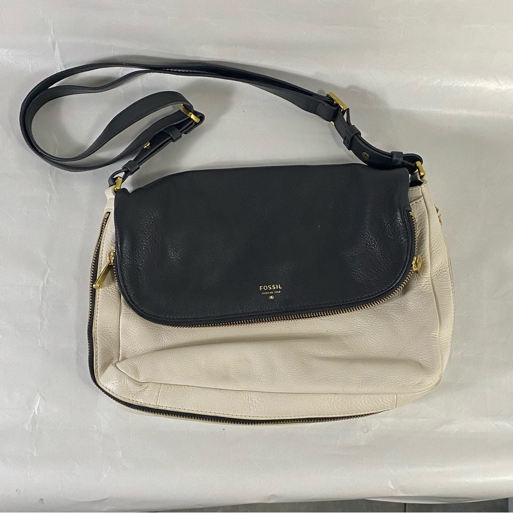 Fossil Two-Tone Black and Cream Leather Crossbody Bag